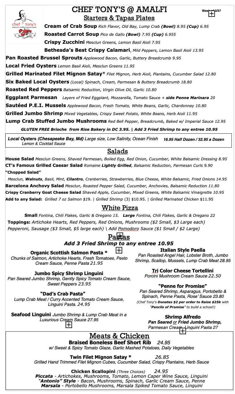 dinner menu, seafood, chef tonys, mediterranean,italian, behesda, 