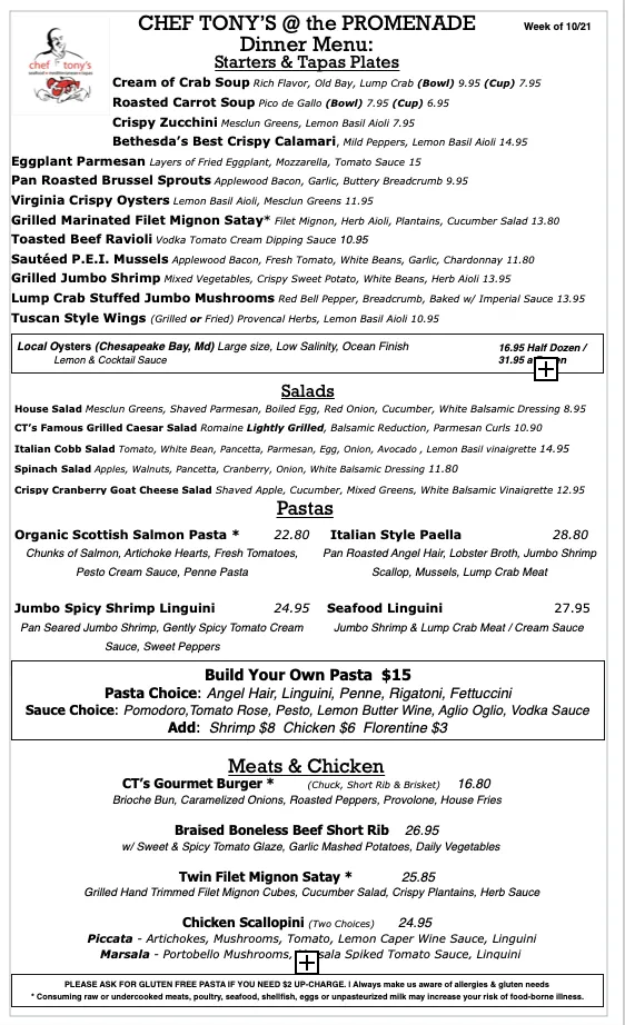 dinner menu, seafood, chef tonys, mediterranean,italian, behesda, 