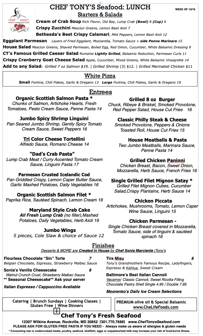 dinner menu, seafood, chef tonys, mediterranean,italian, behesda, 