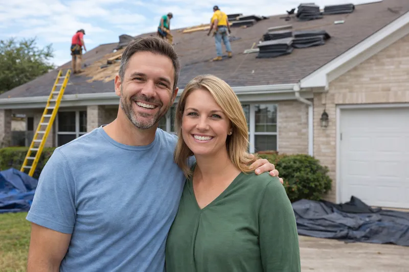 Married couple watching their new roof being installed