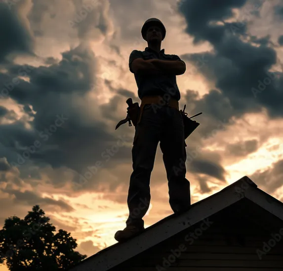 Roofer on top of newly completed roof