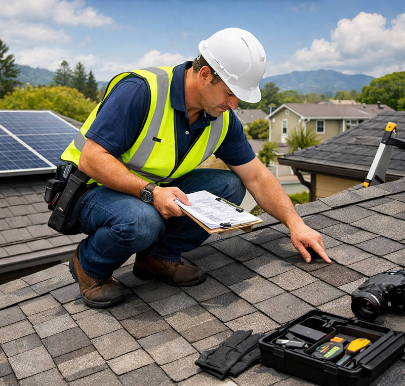 Roof Inspetor examining roof for storm damage