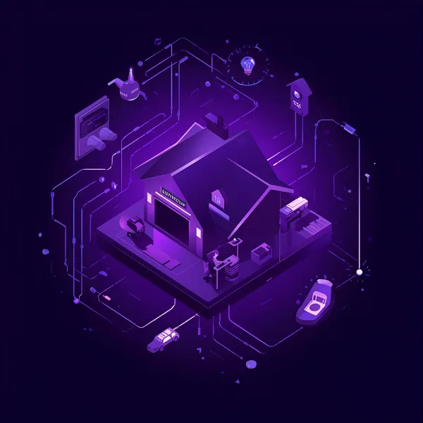 A glowing purple isometric illustration of a smart home surrounded by connected devices and digital circuits, symbolizing home automation, IoT technology, and integrated smart systems.