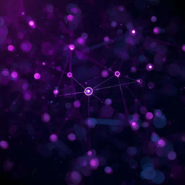 A network of interconnected glowing purple nodes and lines set against a dark background with soft bokeh lights, representing digital connections or data flow.