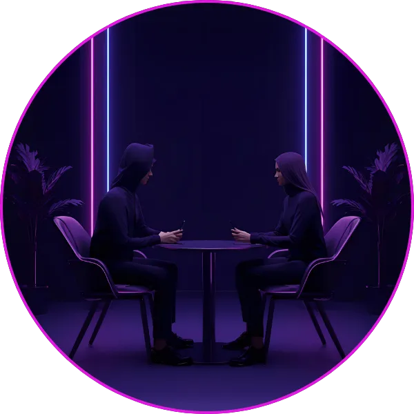 Two people dressed in dark hooded clothing sit facing each other at a small table in a dimly lit room with purple and blue neon light strips, creating a futuristic and mysterious atmosphere.