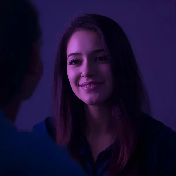Woman smiling warmly while talking to someone, lit with soft purple lighting.