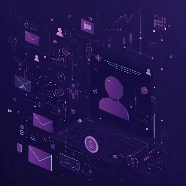 A futuristic digital illustration of a laptop surrounded by floating icons for messages, analytics, user profiles, and financial symbols, representing online communication, data management, and digital marketing systems.