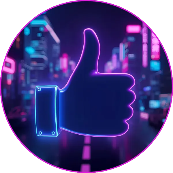 A glowing neon thumbs-up symbol in blue and pink, centered over a blurred cyberpunk city street with vibrant lights.