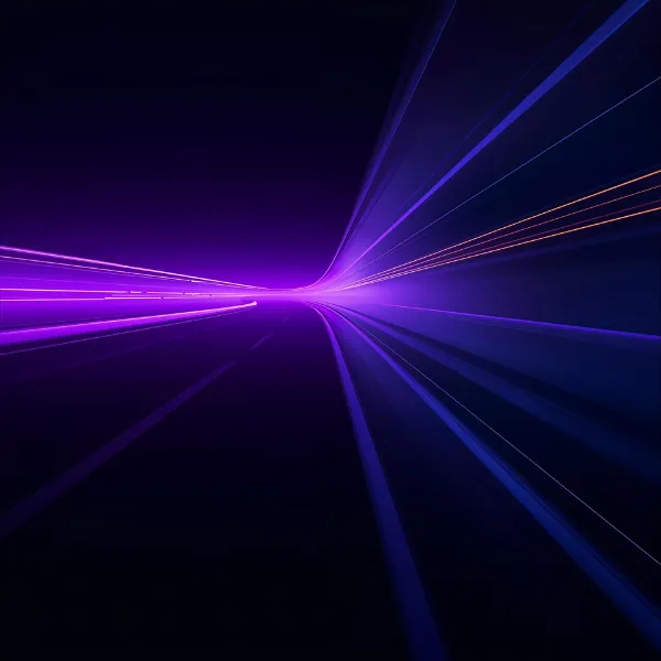 A futuristic scene with glowing purple and blue light trails stretching forward into the distance, creating a sense of speed, motion, and digital acceleration.