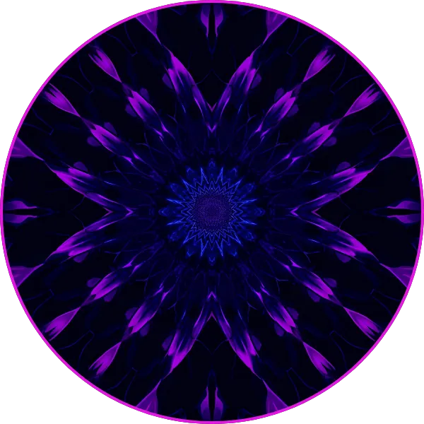 A circular abstract mandala made of layered purple and blue geometric shapes forming a radiant, symmetrical pattern.