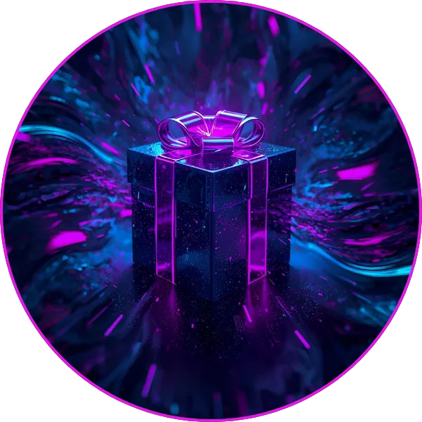 A glowing purple and blue gift box with a ribbon, surrounded by swirling neon light trails that create a dramatic, energetic effect.