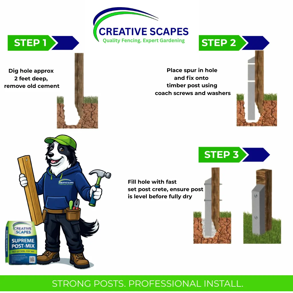 Concrete spur fence post repair after installation in Oxfordshire