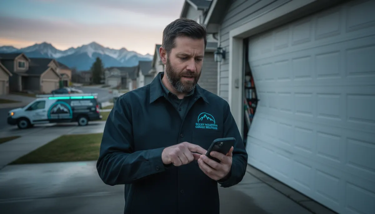 Colorado homeowner standing in driveway in the morning staring at a stuck garage door with their car trapped inside and phone in hand