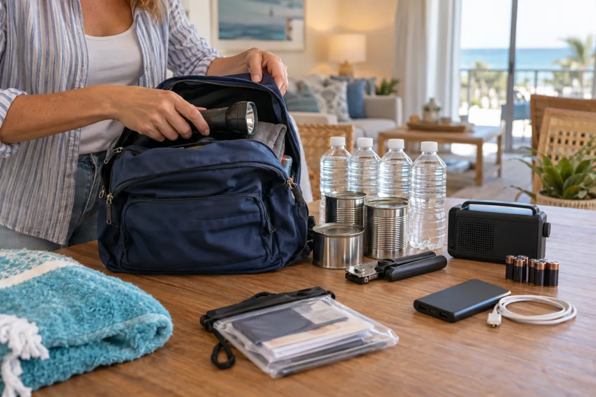 Woman packing an emergency backpack beside water, canned food, a radio, and other hurricane supplies.