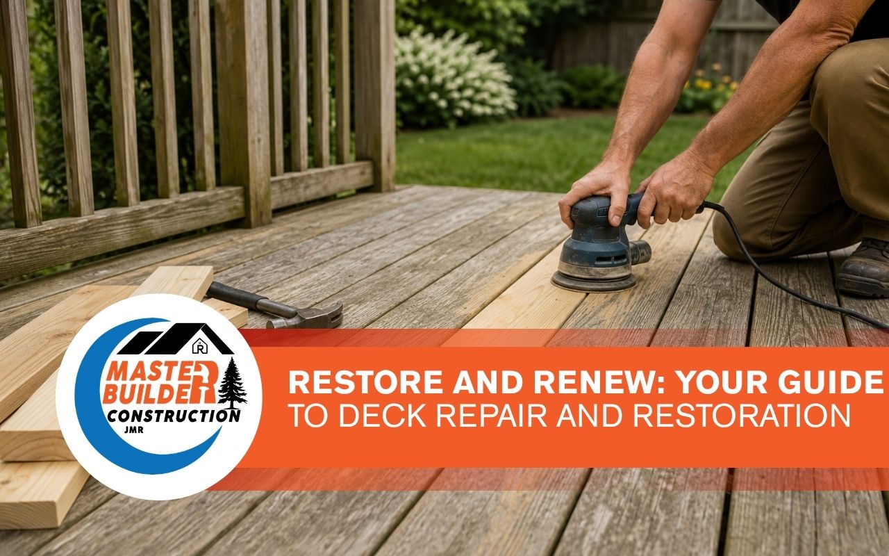 Deck repair and restoration work on a worn outdoor wood deck