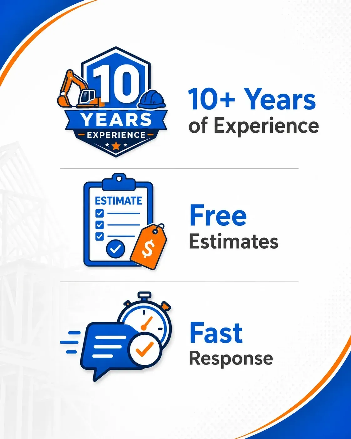 Master Builder Construction JMR banner featuring 10+ years of experience, free estimates, and fast response service icons in a horizontal layout.