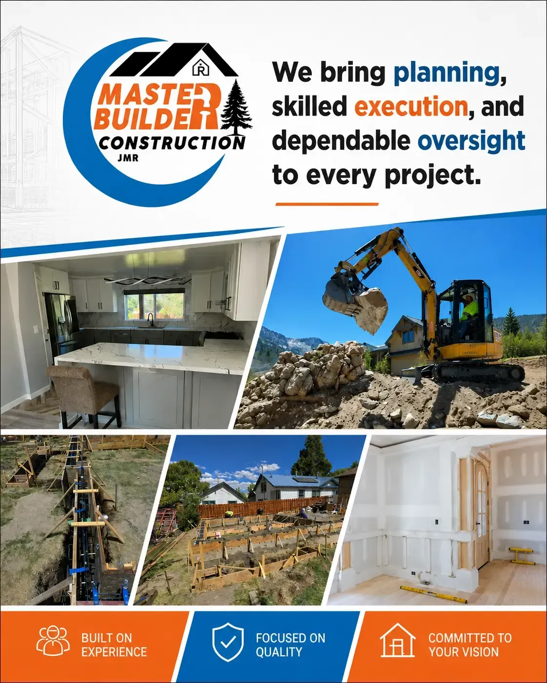 Master Builder Construction JMR banner showing kitchen remodeling, excavation, foundation work, and interior carpentry with a message about planning, skilled execution, and dependable project oversight.