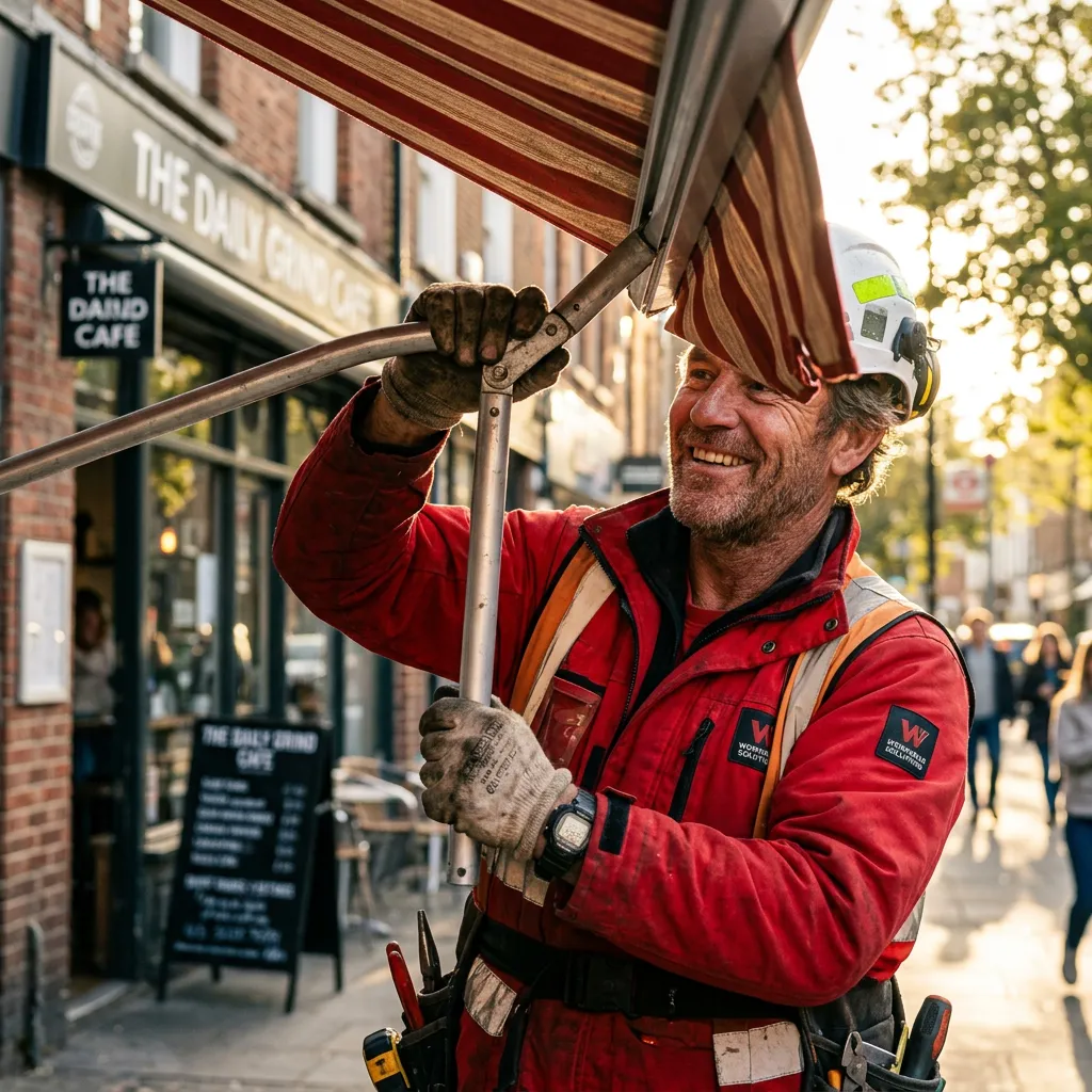 A man repairing awning