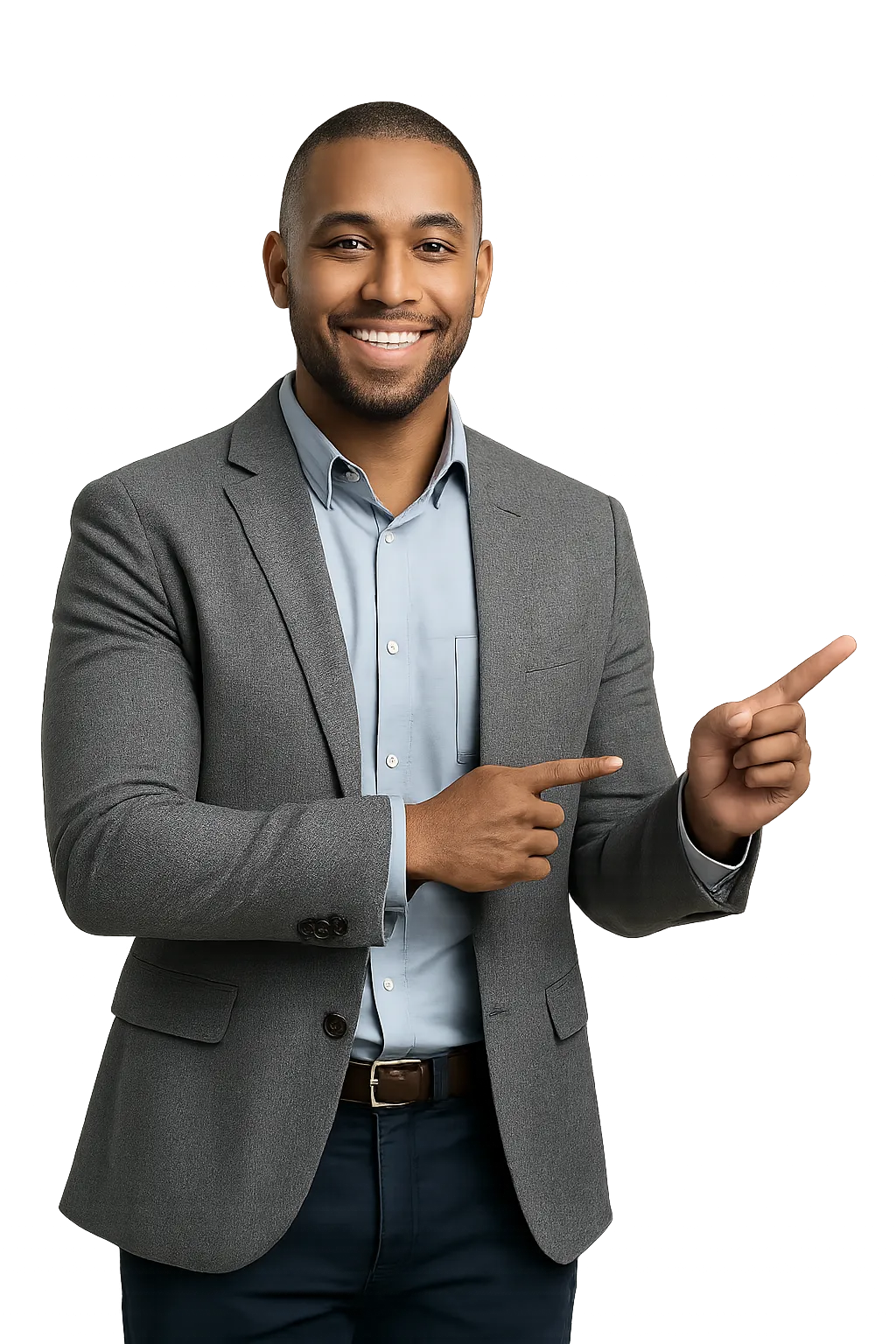 Smiling business consultant in grey suit pointing to digital marketing solution for UK fostering agencies — AgencySoftware.io CRM automation expert