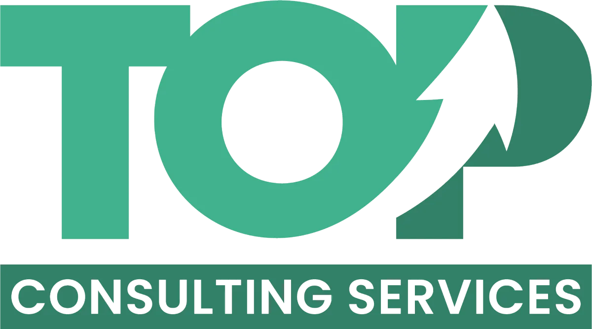 Top Consulting Services logo with bold white text and an upward arrow on a green background.