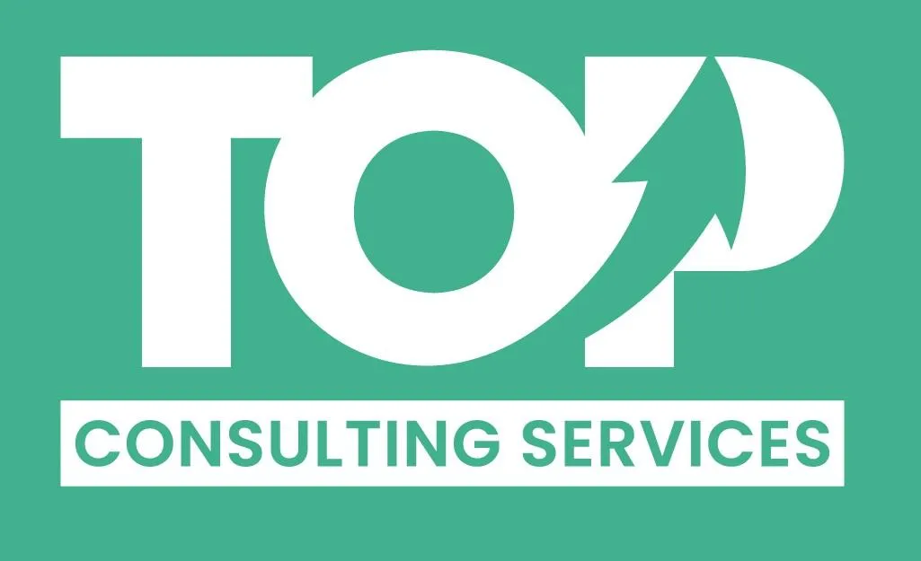 Top Consulting Services logo with bold white text and an upward arrow on a green background
