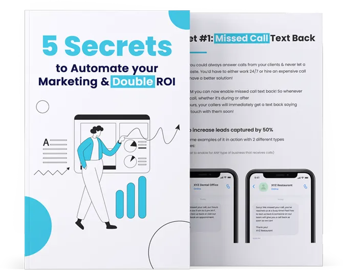 Ebook cover titled '5 Secrets to Automate your Marketing & Double ROI' with an illustration of a person interacting with charts, alongside a preview of the content discussing 'Missed Call Text Back' strategy.