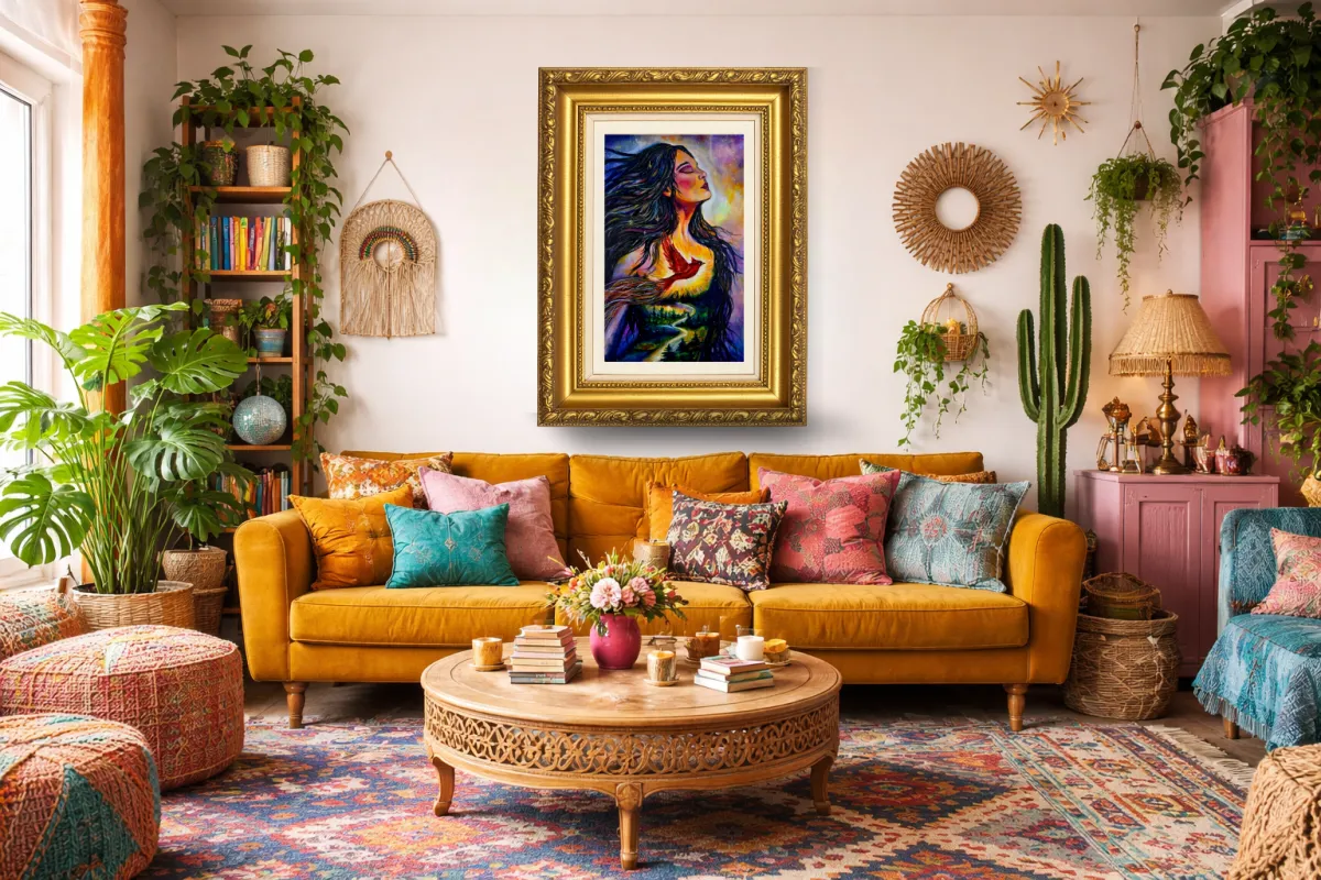 Colorful whimsical painting prints styled on a wall and desk