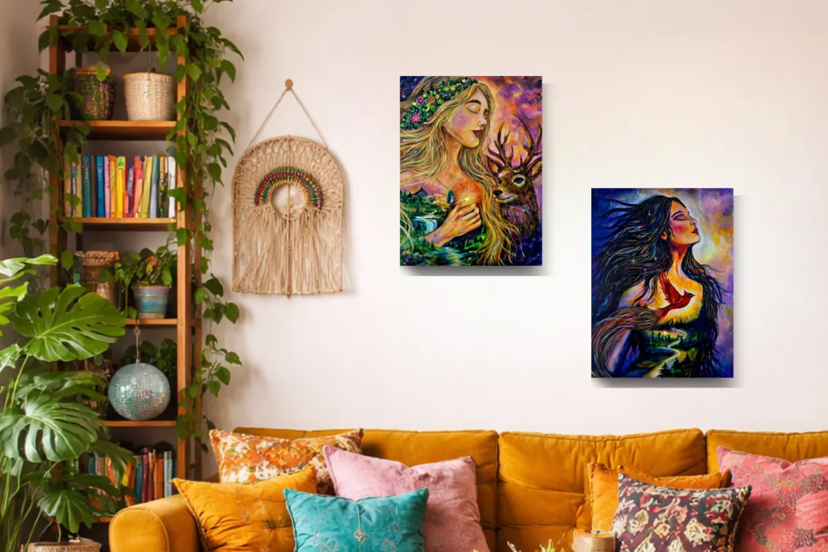Both whimsical paintings styled together on a wall as a pair