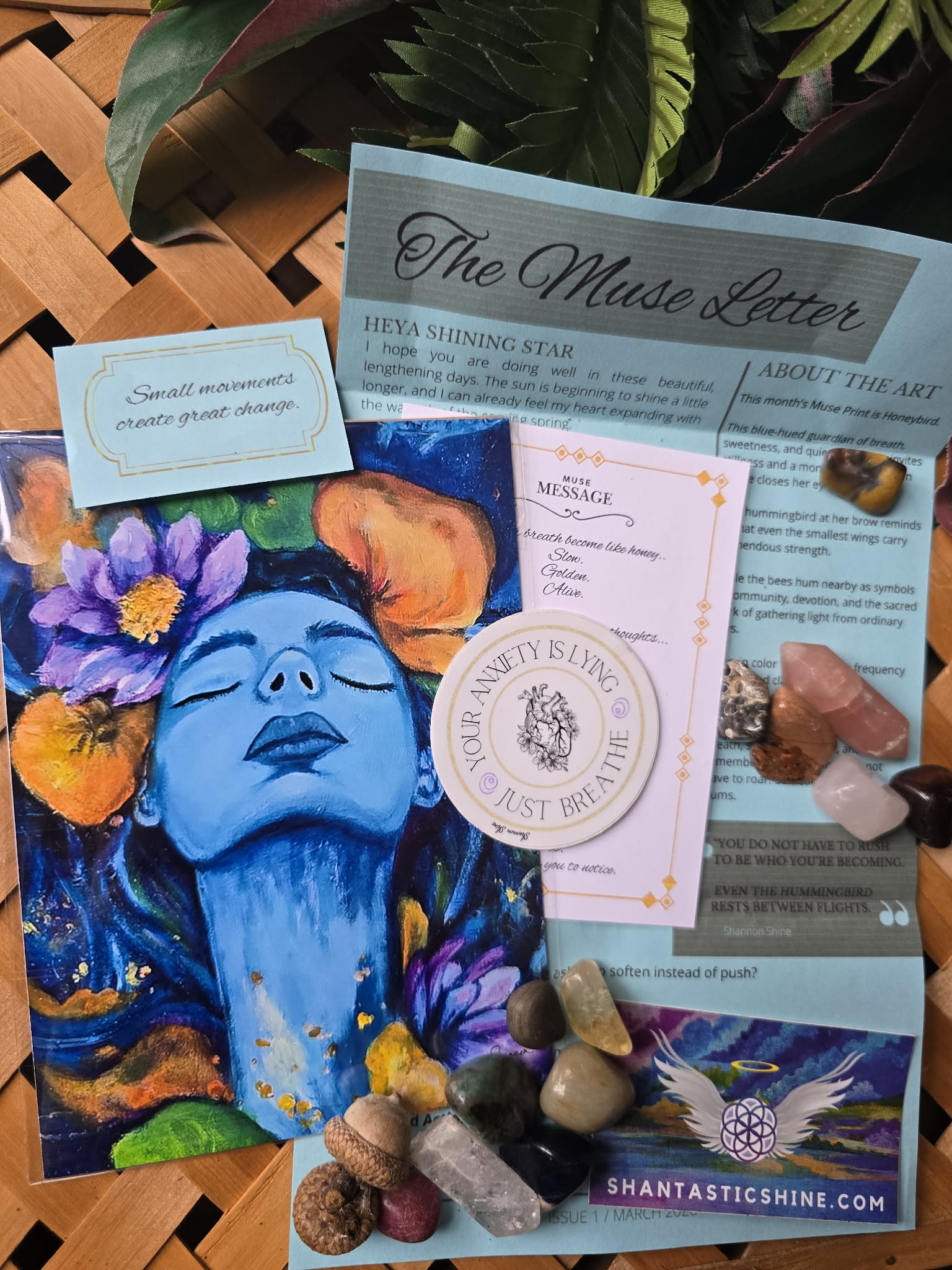 Botanical and mystical themed 5x7 art prints layered on a royal purple background