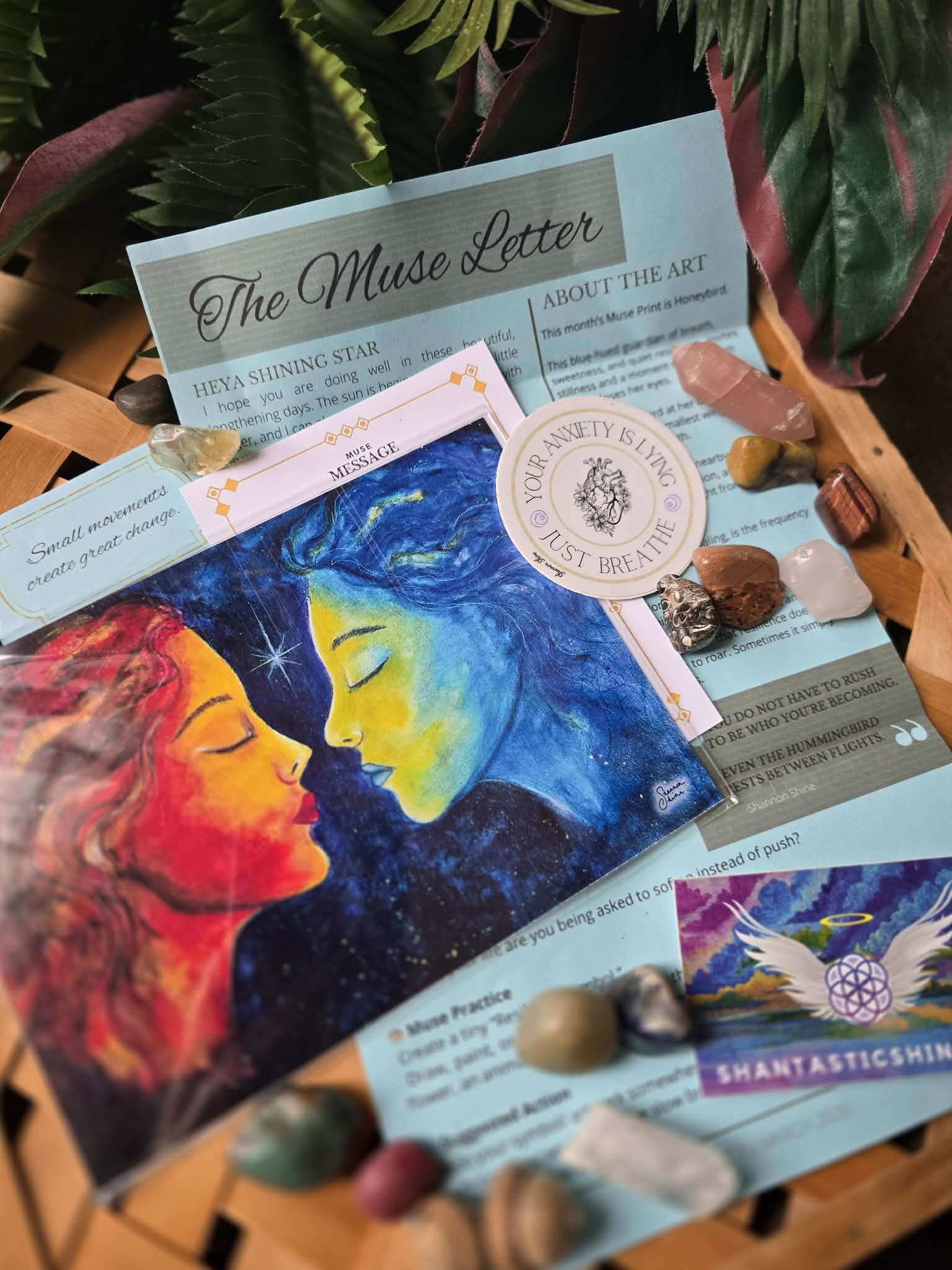 Arrangement of whimsical 5x7 art prints from The Muse Print Club with celestial and botanical motifs