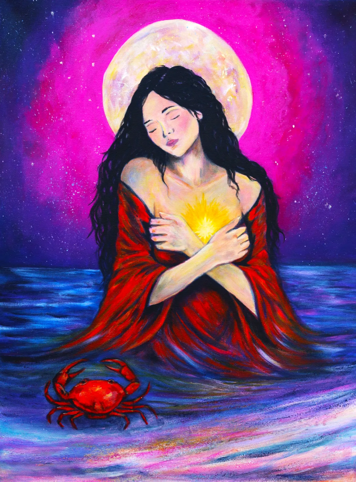 Cancer Zodiac Goddess painting with lunar, oceanic tones