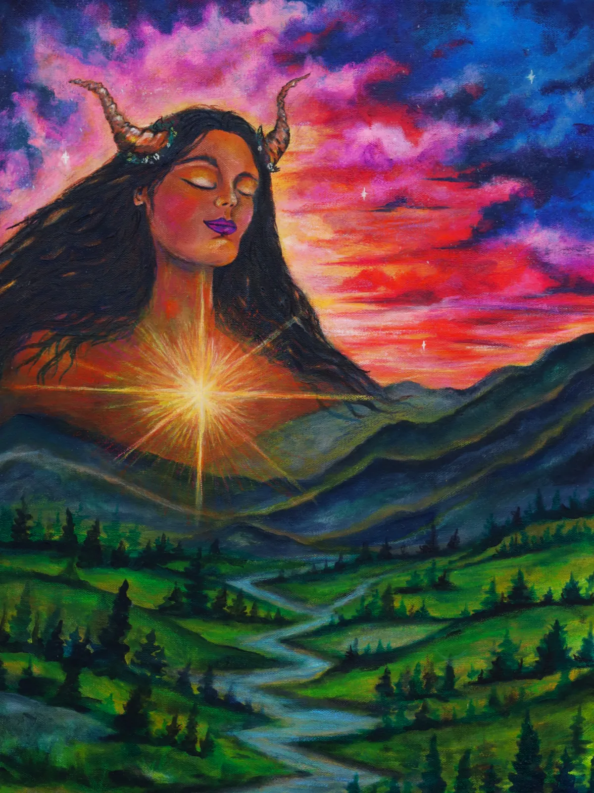 Taurus Zodiac Goddess painting with earthy, lush tones