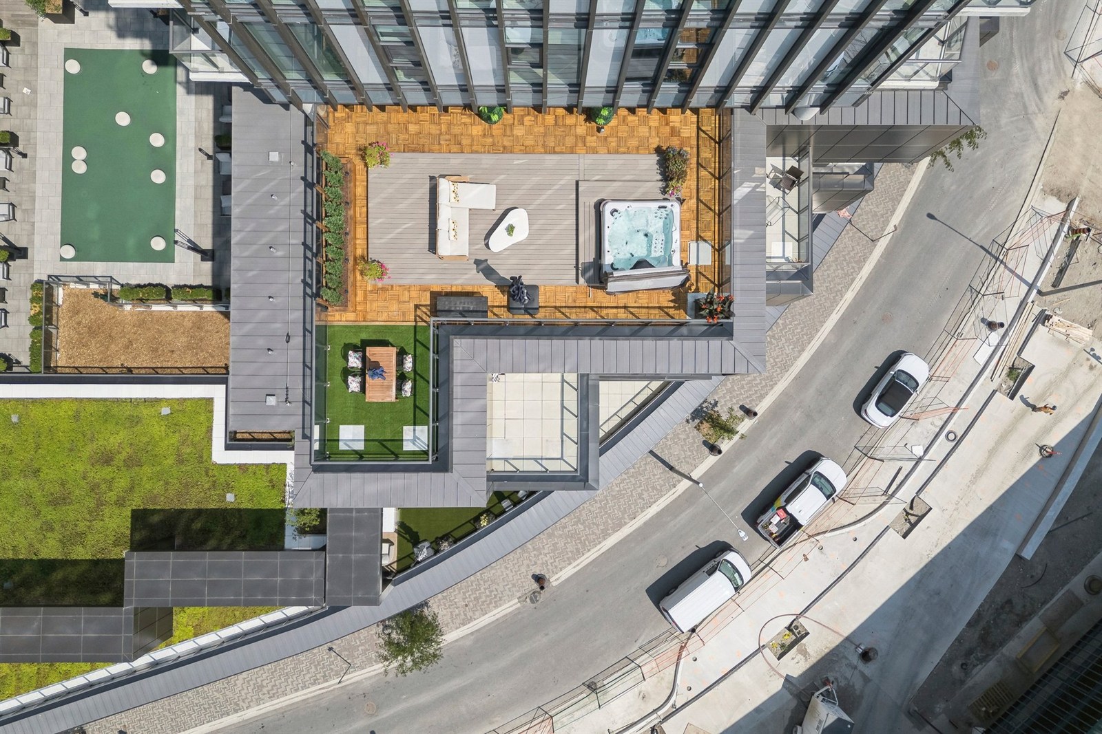 Aerial panoramic showcase of the 1,178 square foot private terrace at 10 Graphophone Grove