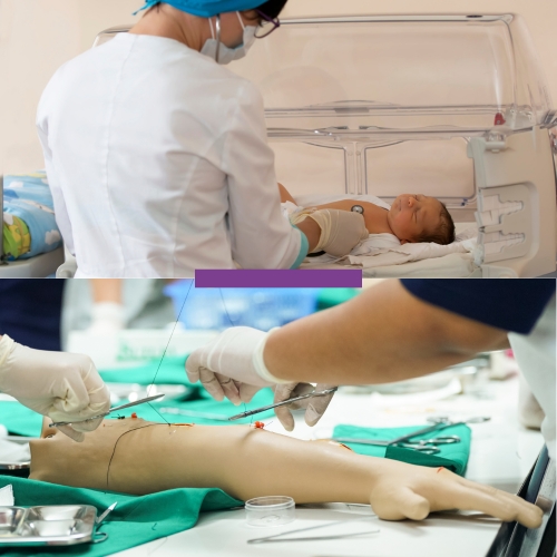 Dermocosmetic trainees practicing protocols in a bright training studio with instructor guidance.