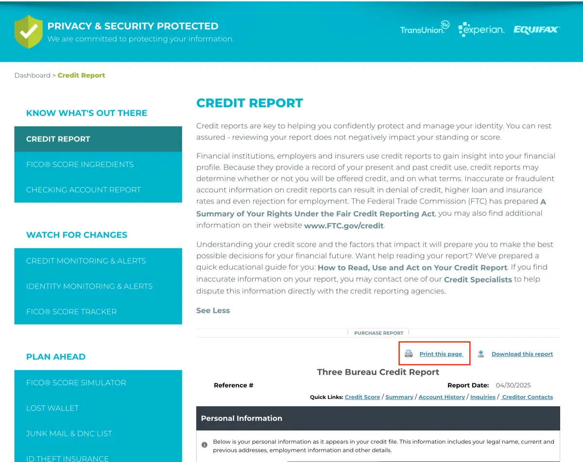 The credit report screen for MyScoreIQ with a highlight over "Print this page"