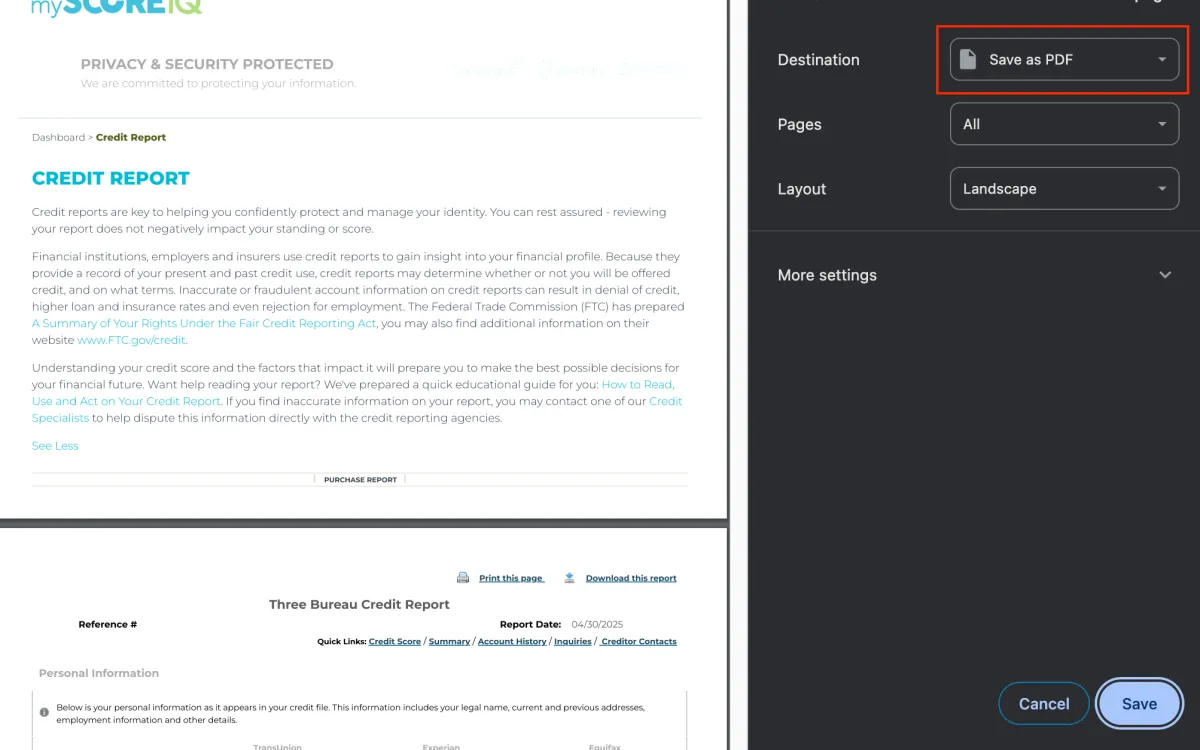 The print screen for the credit report, with a highlight over "Save as PDF"