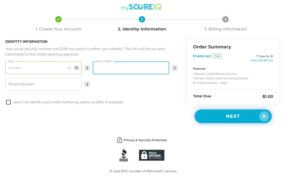 The identity info screen for MyScoreIQ