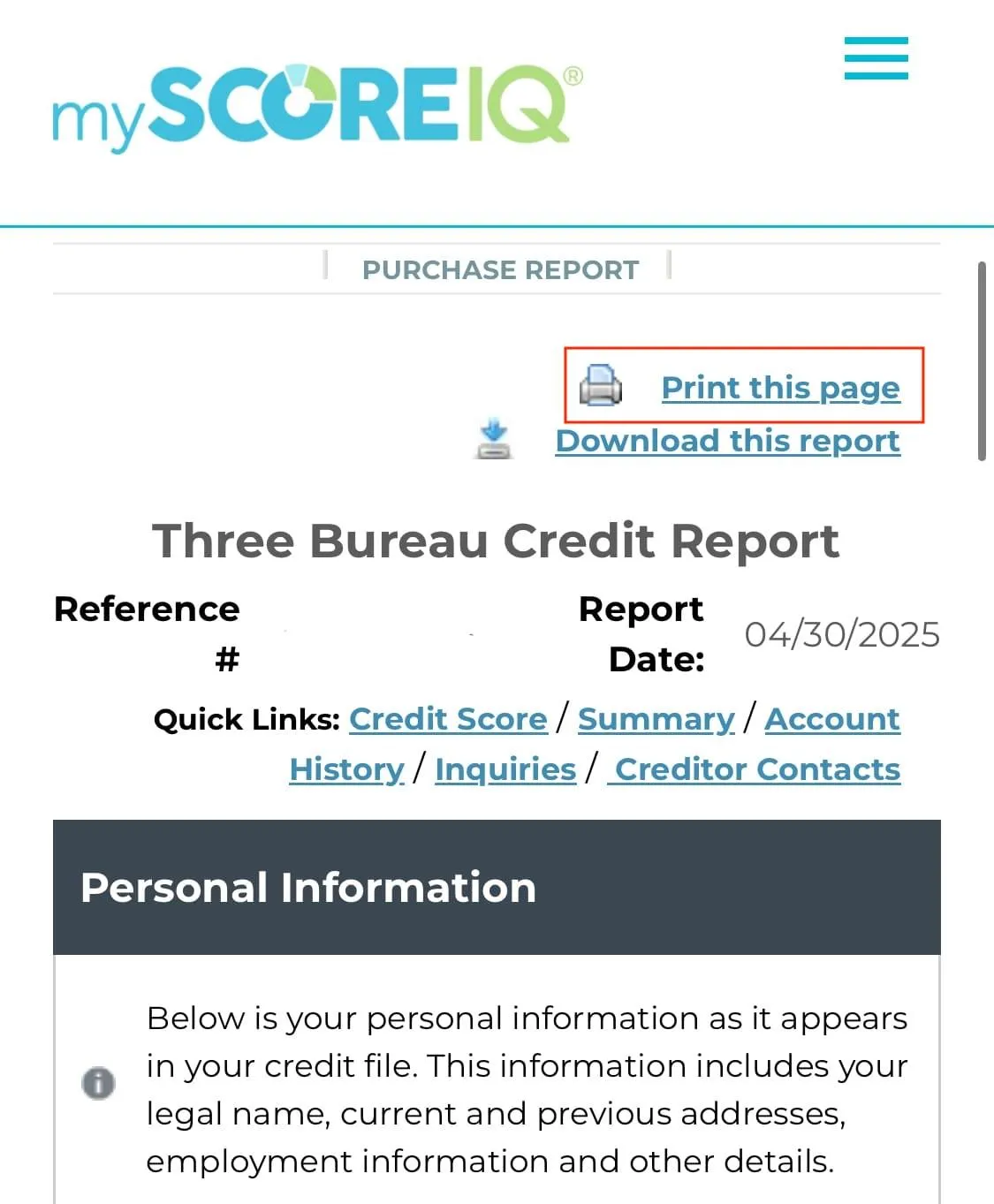 The credit report screen for MyScoreIQ with a highlight over "Print this page"