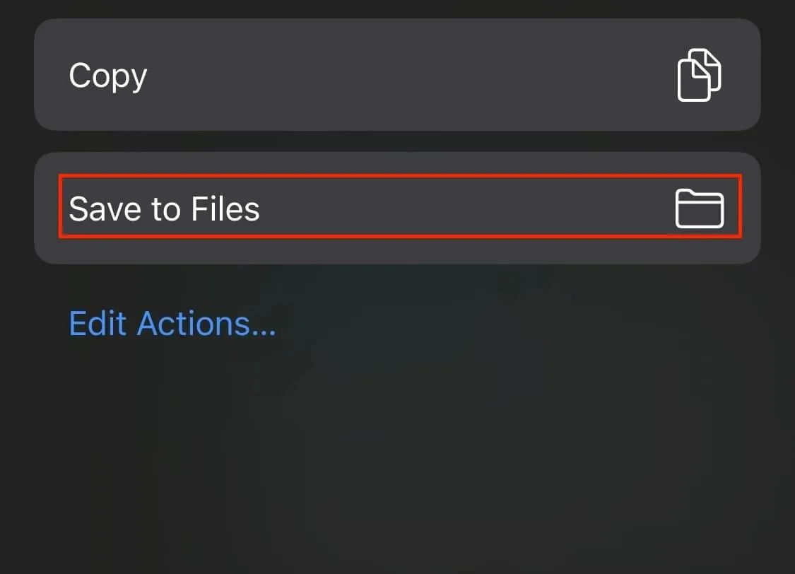 Mobile device share options with a highlight over "Save to files"