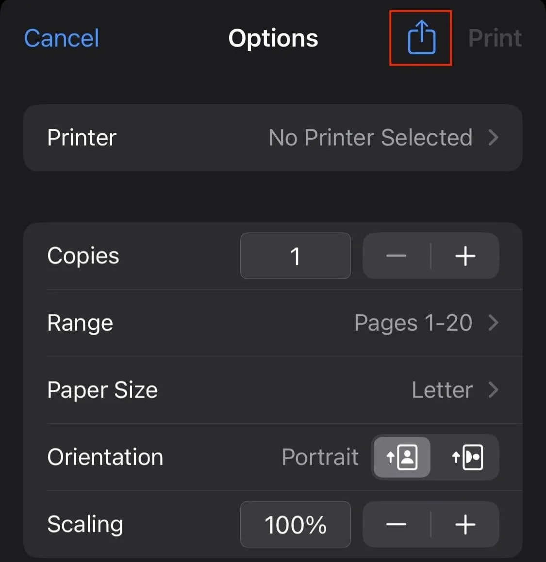 The print page for a mobile device with a highlight over the Share icon