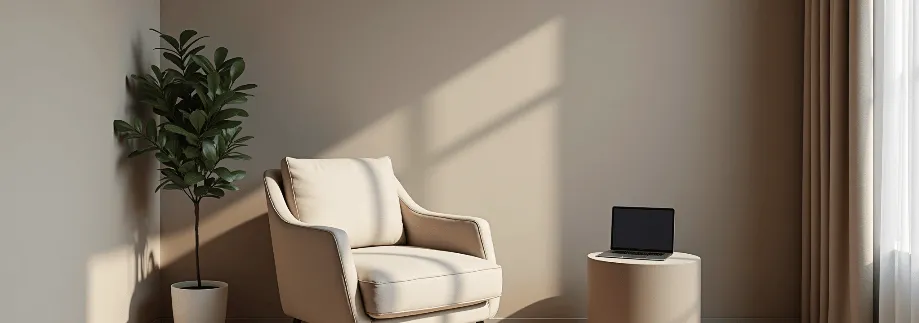 A minimal room with a chair, plant, and laptop