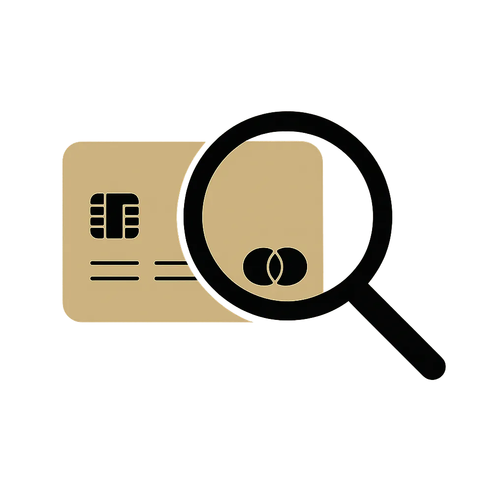 An icon of a credit card with a magnifying glass held to it