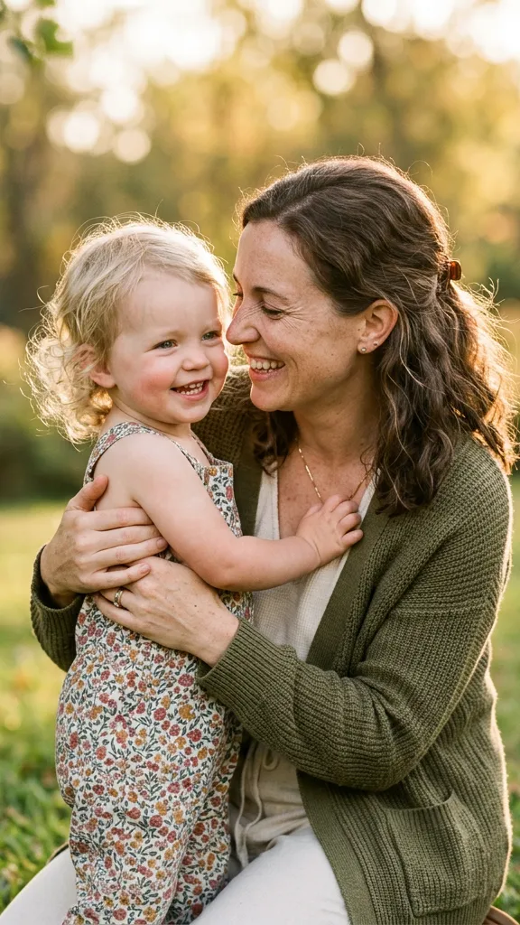Portrait of a smiling mother gently holding a young curly-haired toddler, soft indoor lighting.