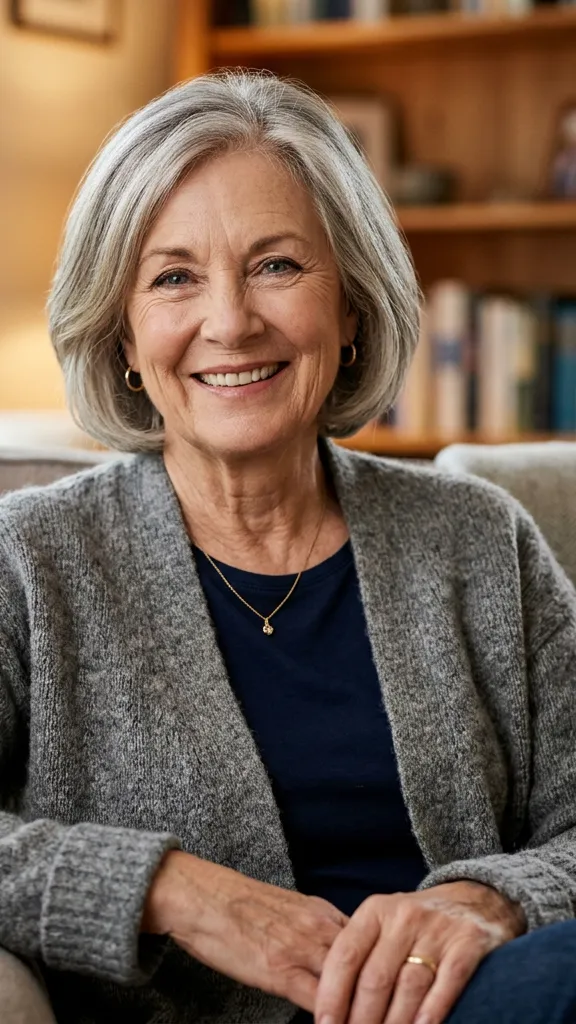 Portrait of a mature woman with grey hair looking thoughtfully upwards with arms crossed, set against a dark background.