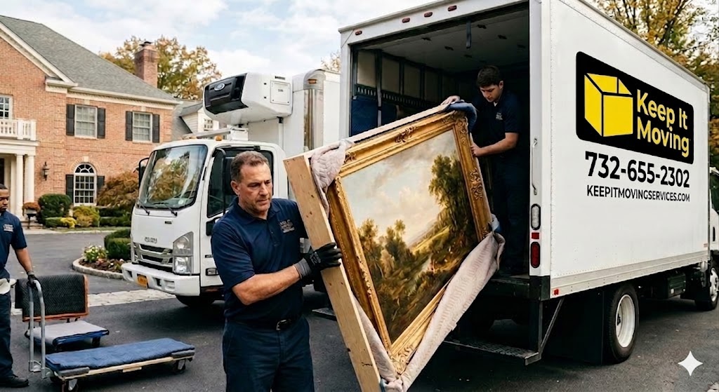 movers carefully unload a large framed painting from a delivery truck