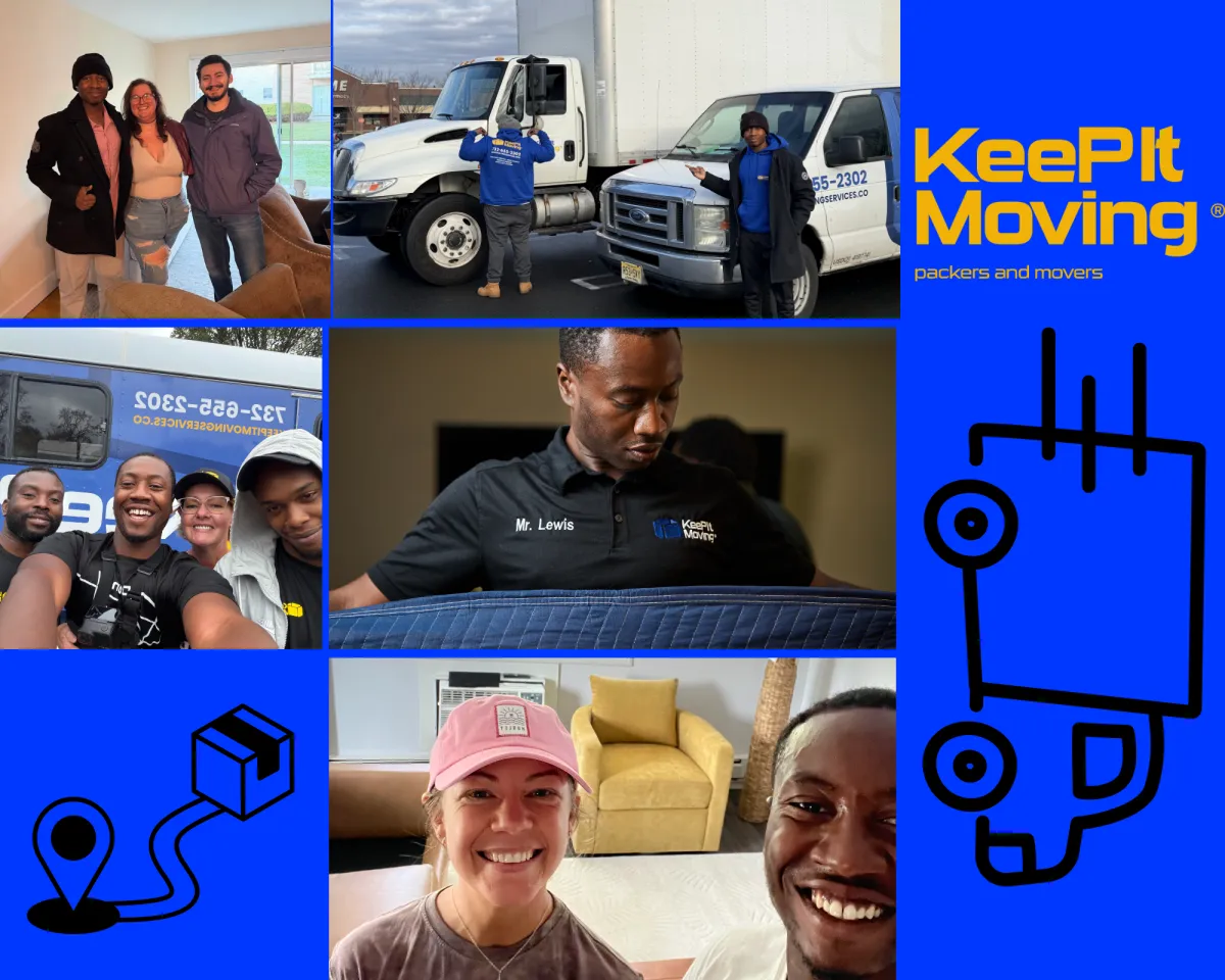 Group of people smiling in front of a moving truck, showcasing Keep It Moving Services during a residential move in New Jersey.