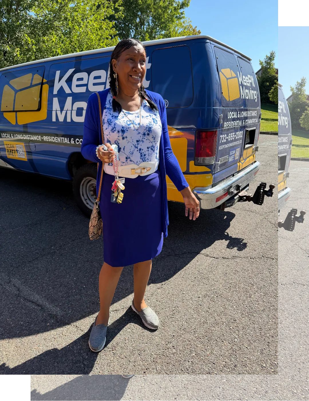 Satisfied homeowner standing in front of a Keep It Moving Services moving truck after a successful residential relocation in New Jersey, highlighting professional local moving services and customer satisfaction.
