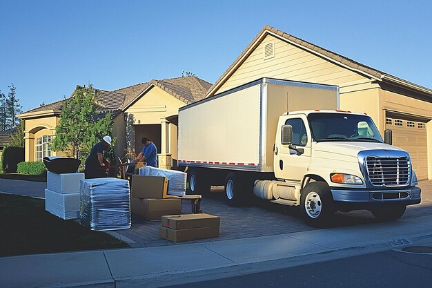 moving truck being loaded outside the house