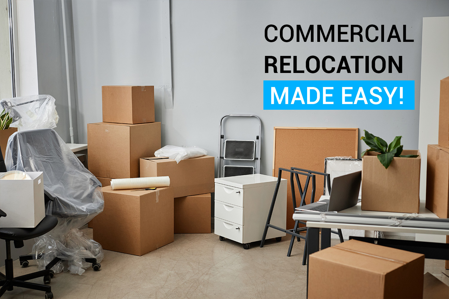 An office workspace prepared for transit with packed cardboard boxes, desks, and chairs, featuring text overlay 'Commercial Relocation Made Easy' for Keep It Moving Services.