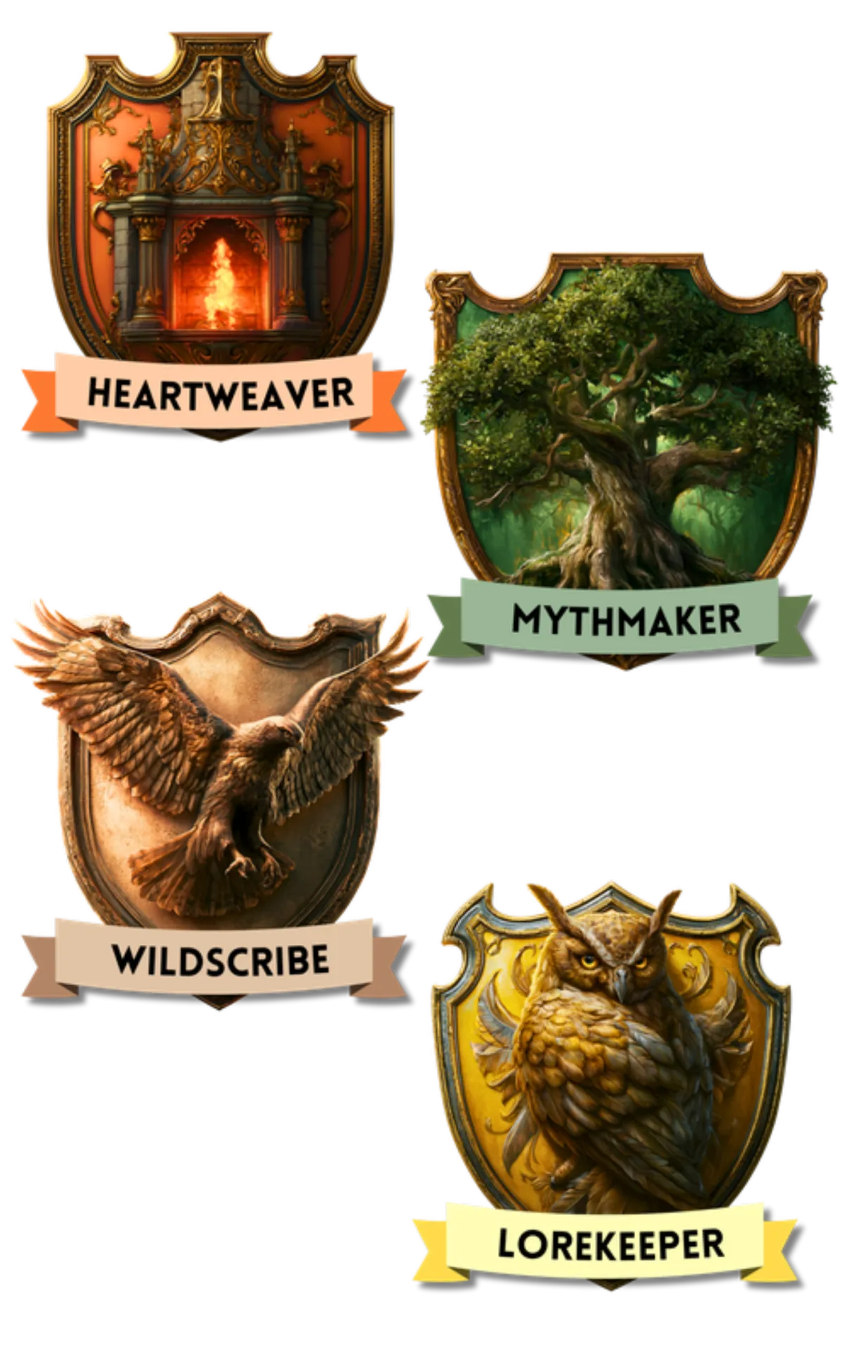 Four author house shields, Heartweaver is a hearth with a fire, Mythmaker is a giant tree, Wildscribe is a hawk, and Lorekeeper is an owl
